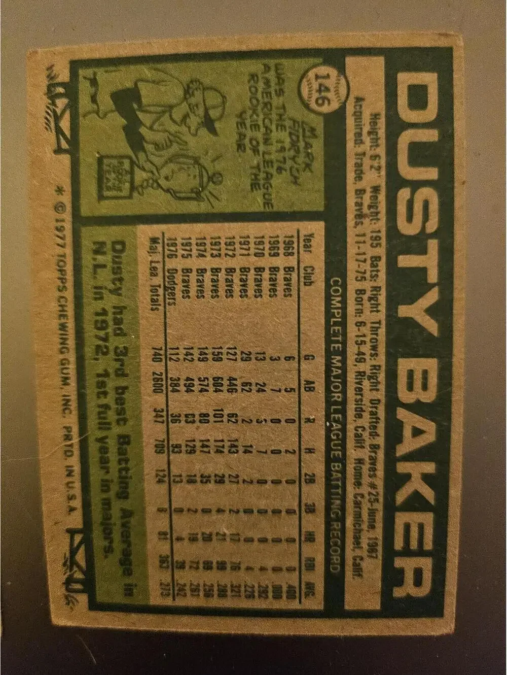 1977 Topps Dusty Baker Los Angeles Dodgers #146  as is - Picture 2 of 2